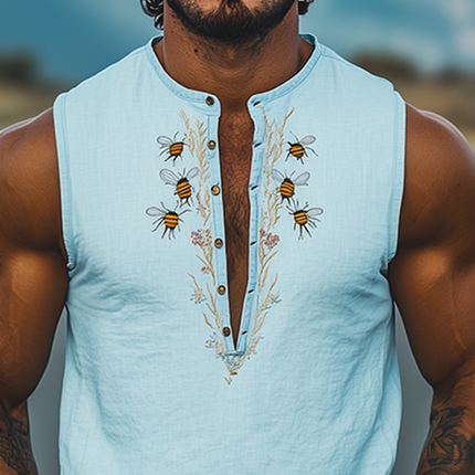 Men's Summer Tank Top | Deep V Neck | Bee and Flower Embroidery | Cotton Linen Blend | Stylish Casual Wear | Breathable Lightweight Fabric | Trendy Warm Weather Top