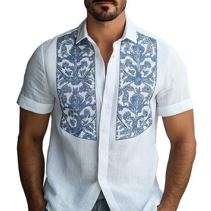 Men's Short Sleeve Shirt | Summer Fashion | Porcelain Pattern Print | Cotton Linen Blend | Breathable Comfortable | Elegant Cultural Design | Regular Fit | Casual or Semi-Formal Outfit | Durable Quality
