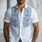 Men's Short Sleeve Shirt | Summer Fashion | Porcelain Pattern Print | Cotton Linen Blend | Breathable Comfortable | Elegant Cultural Design | Regular Fit | Casual or Semi-Formal Outfit | Durable Quality
