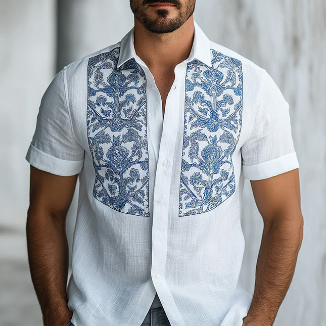 Men's Short Sleeve Shirt | Summer Fashion | Porcelain Pattern Print | Cotton Linen Blend | Breathable Comfortable | Elegant Cultural Design | Regular Fit | Casual or Semi-Formal Outfit | Durable Quality