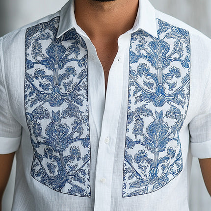 Men's Short Sleeve Shirt | Summer Fashion | Porcelain Pattern Print | Cotton Linen Blend | Breathable Comfortable | Elegant Cultural Design | Regular Fit | Casual or Semi-Formal Outfit | Durable Quality