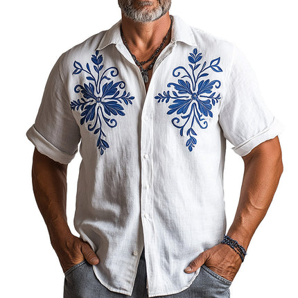 Men's Embroidered Short Sleeve Shirt | Cotton Linen Blend | Summer Fashion | Solid Color | Breathable & Lightweight | Soft Touch | Comfortable Fit | Durable Stitching | Versatile Casual & Formal Wear