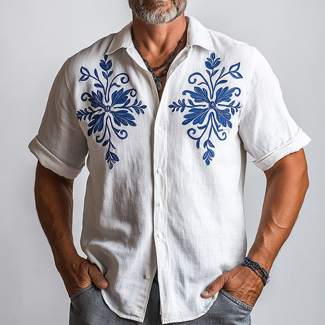 Men's Embroidered Short Sleeve Shirt | Cotton Linen Blend | Summer Fashion | Solid Color | Breathable & Lightweight | Soft Touch | Comfortable Fit | Durable Stitching | Versatile Casual & Formal Wear