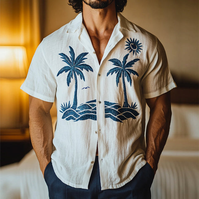 Men's Retro Beach Shirt | Coconut Tree Embroidery | Linen Lapel | Short Sleeve | Casual Summer Apparel | Relaxed Vintage Fit | Lightweight & Breathable | Comfortable for Warm Weather | Versatile Style