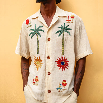 Men's Retro Beach Shirt | Coconut Tree Embroidery | Linen Lapel | Short Sleeve | Casual Summer Top | Breathable Fabric | Vintage Style | Tropical Vibe Shirt for Comfortable Summer Outings