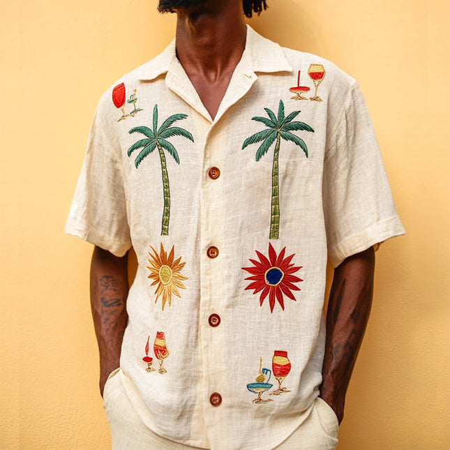 Men's Retro Beach Shirt | Coconut Tree Embroidery | Linen Lapel | Short Sleeve | Casual Summer Top | Breathable Fabric | Vintage Style | Tropical Vibe Shirt for Comfortable Summer Outings