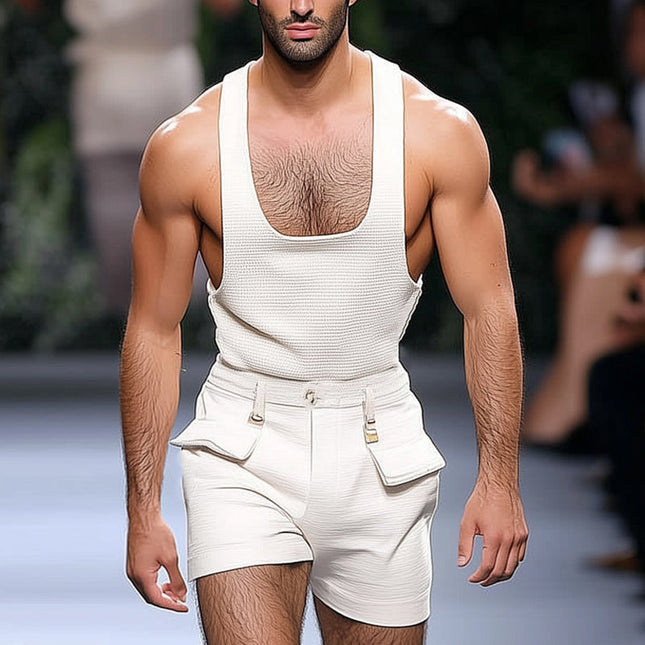 Men's Summer Cool Vest Shorts Set | Lightweight U-neck Top | Breathable Waffle Fabric | Relaxed Fit Textured Shorts | Comfortable Loungewear | Casual Minimalist Activewear | Versatile Summer Outfit