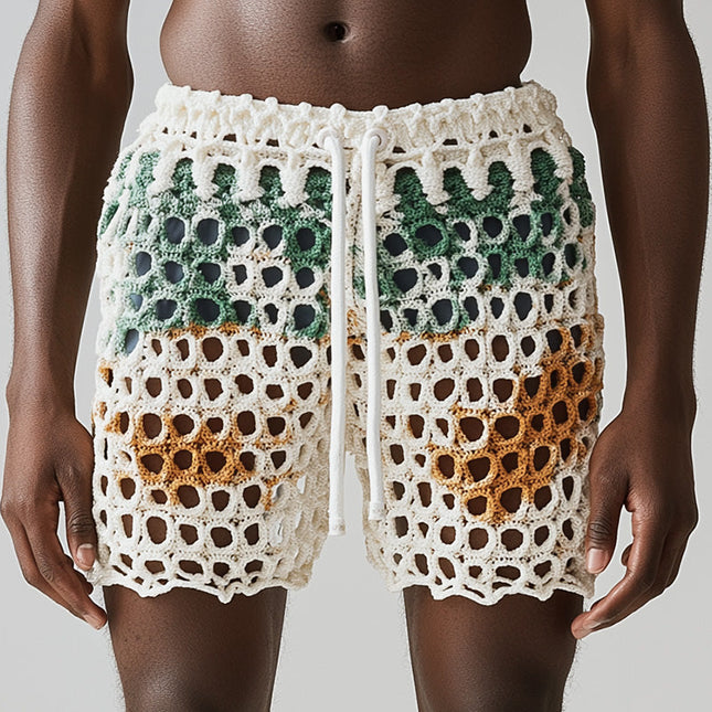 Men's Summer Fashion Beach Shorts | Breathable Hollow Woven Design | Elastic Waistband | Casual Warm-Weather Apparel | Lightweight Comfortable Fit | Perfect for Beach and Casual Outings