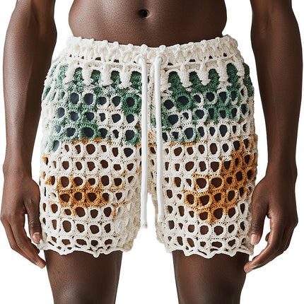 Men's Summer Fashion Beach Shorts | Breathable Hollow Woven Design | Elastic Waistband | Casual Warm-Weather Apparel | Lightweight Comfortable Fit | Perfect for Beach and Casual Outings