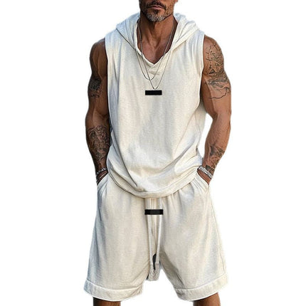 Men's Hooded Two Piece Set | Sleeveless Top & Shorts | Solid Color | Casual & Sportswear | Breathable Fabric | Elastic Waist | Versatile & Stylish | Comfortable Fit | Activewear Outfit