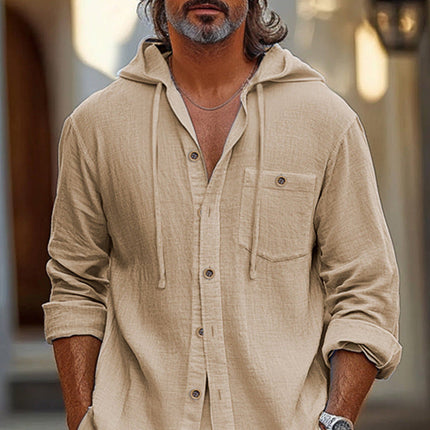 Men's Vacation Two-Piece Set | Cotton Linen Blend | Long-Sleeve Hoodie | Casual Shorts | Comfortable & Stylish | Adjustable Drawstring Waist | Relaxed Fit | Breathable Fabric | Neutral Colors for Versatile Styling