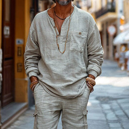 Men's Vacation Set | Long-Sleeved Shirt & Shorts | Cotton & Linen Blend | Casual Beachwear | Breathable Lightweight Outfit | Summer Comfort | Relaxed Fit | Warm Weather Style
