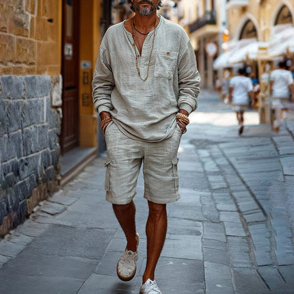 Men's Vacation Set | Long-Sleeved Shirt & Shorts | Cotton & Linen Blend | Casual Beachwear | Breathable Lightweight Outfit | Summer Comfort | Relaxed Fit | Warm Weather Style