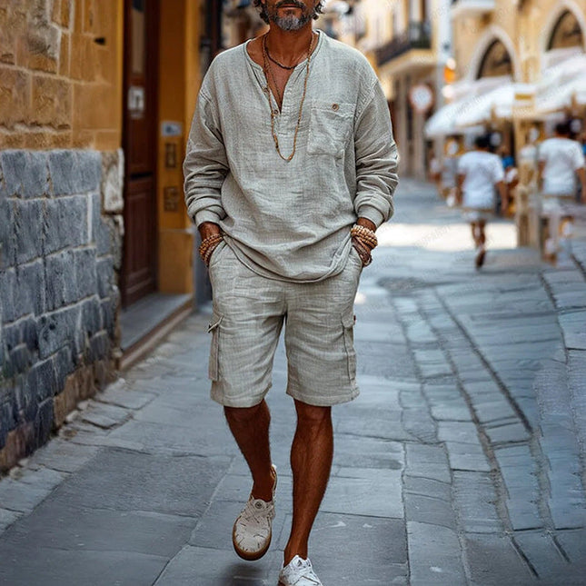 Men's Vacation Set | Long-Sleeved Shirt & Shorts | Cotton & Linen Blend | Casual Beachwear | Breathable Lightweight Outfit | Summer Comfort | Relaxed Fit | Warm Weather Style