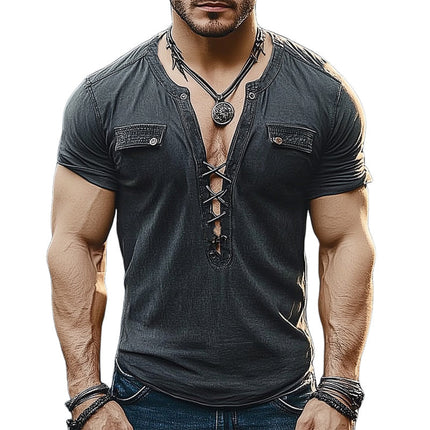 Men's Retro V-neck Lace-up Short Sleeve T-shirt | Summer Casual Top | Comfortable Breathable Material | Vintage Fashion Style | Versatile Outfit | Optimal Warm Weather Wear | Available in Various Sizes