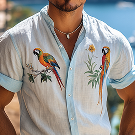 Men's Hawaiian Style Shirt | Woodpecker Embroidery | Summer Fashion | Cotton Linen Blend | Short Sleeve | Breathable Casual Button-Down | Relaxed Tropical Design | Lightweight | Cool Comfort