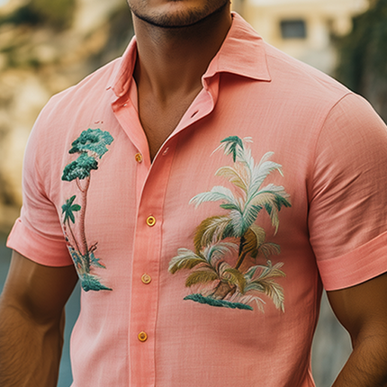 Men's Summer Hawaiian Embroidered Shirt | Slim Fit Cotton Linen Blend | Short Sleeve Casual Top | Lightweight Breathable Fabric | Perfect for Beach Days and Barbecues