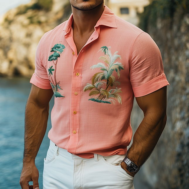 Men's Summer Hawaiian Embroidered Shirt | Slim Fit Cotton Linen Blend | Short Sleeve Casual Top | Lightweight Breathable Fabric | Perfect for Beach Days and Barbecues