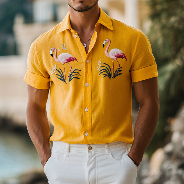 Men's Hawaiian Style Shirt | Flamingo Embroidery | Cotton Linen Blend | Short Sleeve | Summer Fashion | Lightweight Breathable Casual Top