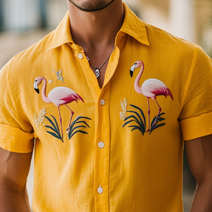 Men's Hawaiian Style Shirt | Flamingo Embroidery | Cotton Linen Blend | Short Sleeve | Summer Fashion | Lightweight Breathable Casual Top