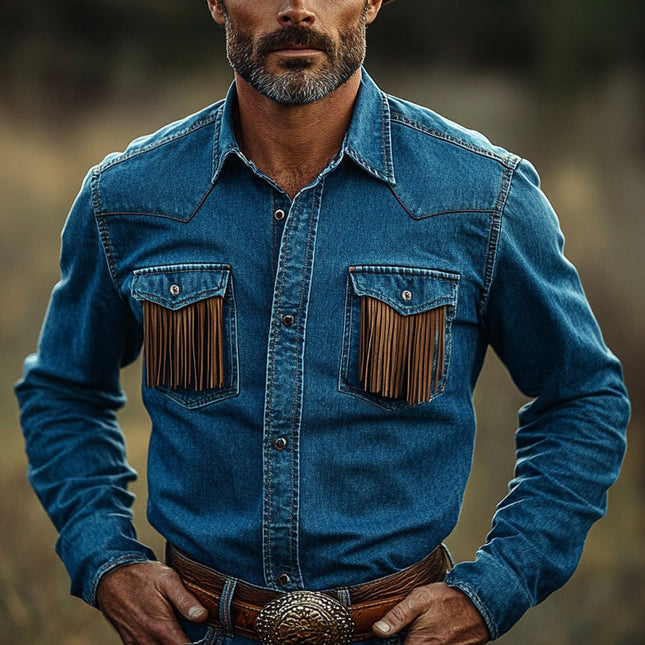Men's Western Cowboy Style Tassel Denim Shirt | Summer Fashion | Lightweight Breathable | Relaxed Fit | Classic Lapel Collar | Versatile Casual Wear | Available in S-3XL | Machine Washable