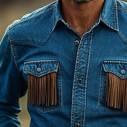 Men's Western Cowboy Style Tassel Denim Shirt | Summer Fashion | Lightweight Breathable | Relaxed Fit | Classic Lapel Collar | Versatile Casual Wear | Available in S-3XL | Machine Washable