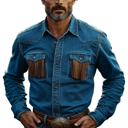 Men's Western Cowboy Style Tassel Denim Shirt | Summer Fashion | Lightweight Breathable | Relaxed Fit | Classic Lapel Collar | Versatile Casual Wear | Available in S-3XL | Machine Washable