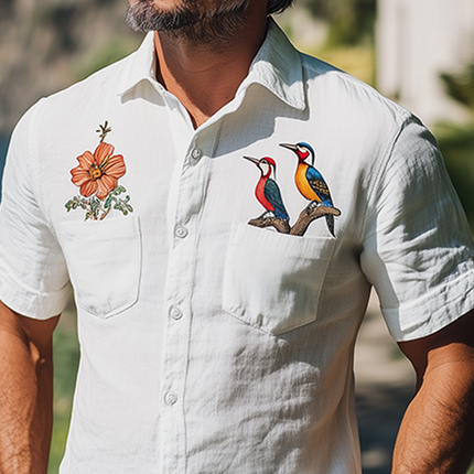 Men's Hawaiian Shirt | Summer Fashion | Woodpecker Flower Embroidery | Cotton Linen Blend | Breathable Short Sleeve | Casual Button-Down | Tropical Print | Comfort Fit | Versatile Styling