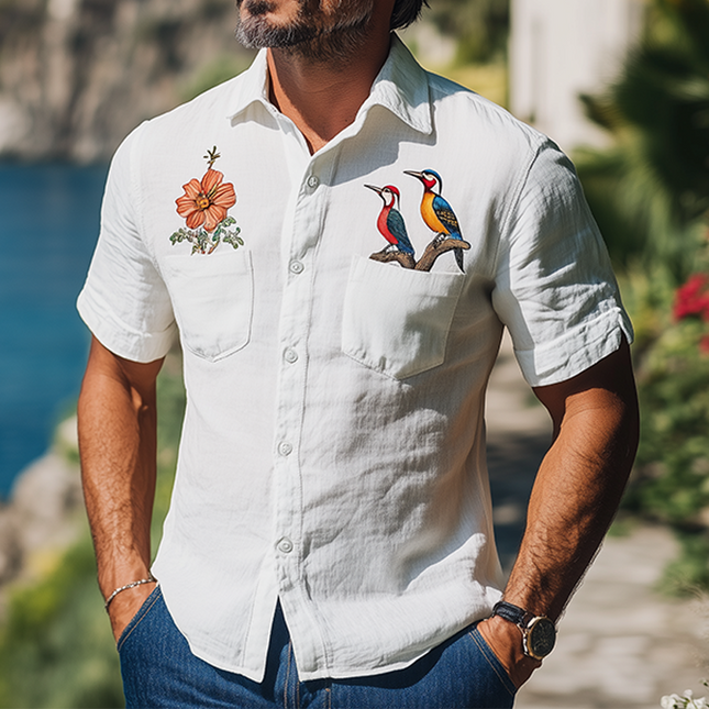 Men's Hawaiian Shirt | Summer Fashion | Woodpecker Flower Embroidery | Cotton Linen Blend | Breathable Short Sleeve | Casual Button-Down | Tropical Print | Comfort Fit | Versatile Styling