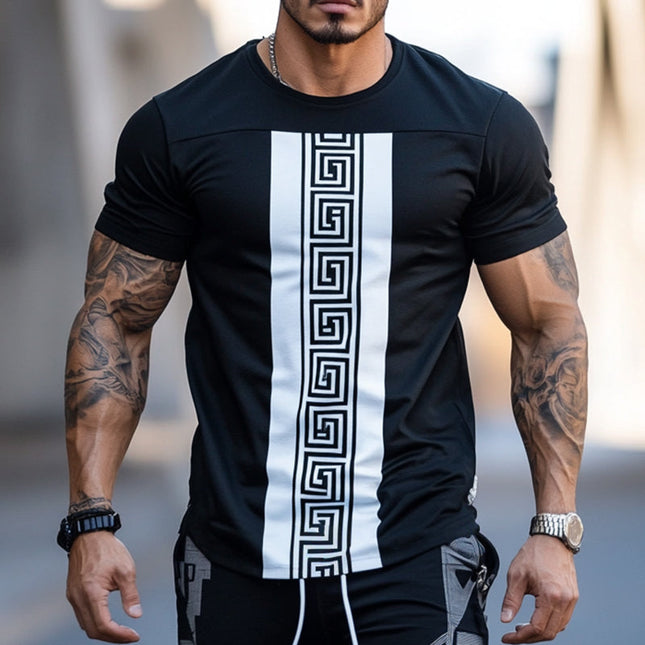 Men's T-Shirt | Greek Key Print | Casual Style | Round Neck | Short Sleeve | Comfortable Cotton Blend | Breathable Fit | Multiple Sizes | Versatile Fashion | Classic Design | Ideal for Warm Weather