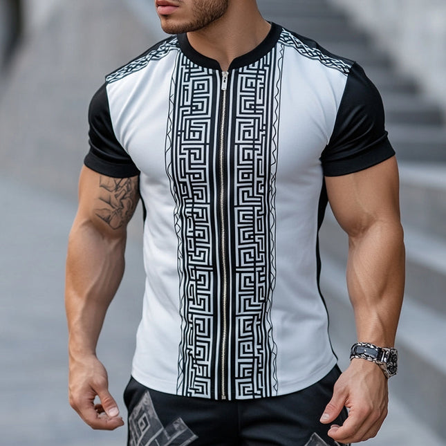 Men's Greek Key Print T-Shirt | Casual Short Sleeve Tee | Zippered Crew Neck | Breathable Fabric | Comfortable Fit | Stylish Apparel