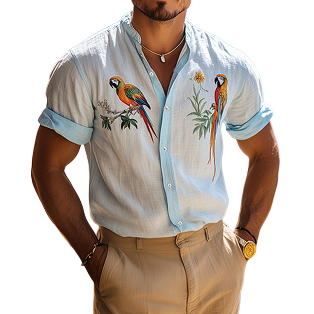 Men's Hawaiian Style Shirt | Woodpecker Embroidery | Summer Fashion | Cotton Linen Blend | Short Sleeve | Breathable Casual Button-Down | Relaxed Tropical Design | Lightweight | Cool Comfort
