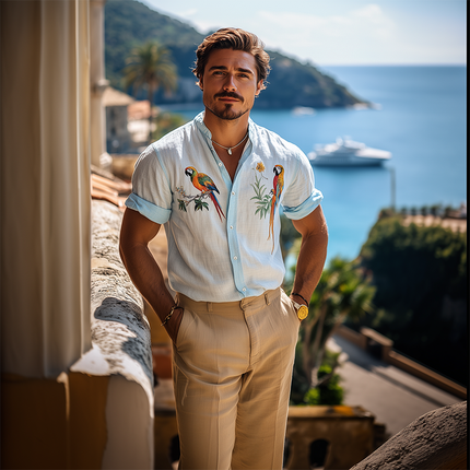 Men's Hawaiian Style Shirt | Woodpecker Embroidery | Summer Fashion | Cotton Linen Blend | Short Sleeve | Breathable Casual Button-Down | Relaxed Tropical Design | Lightweight | Cool Comfort