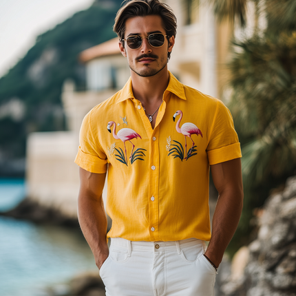 Men's Hawaiian Style Shirt | Flamingo Embroidery | Cotton Linen Blend | Short Sleeve | Summer Fashion | Lightweight Breathable Casual Top
