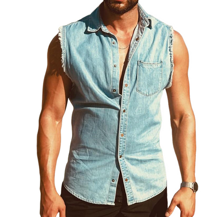 Men's Sleeveless Washed Denim Shirt | Retro Lapel Casual Top | Breathable Vintage Summer Fashion | Classic Style | Soft Durable Fabric | Range of Sizes | Ideal for Layering
