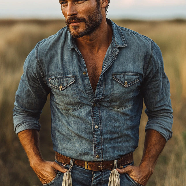 Men's Vintage Distressed Denim Shirt | Long Sleeve | Regular Fit | Classic Lapel Collar | Chest Pockets | Casual Outings | Durable Material | Timeless Style | Sizes S-3XL | Machine Washable