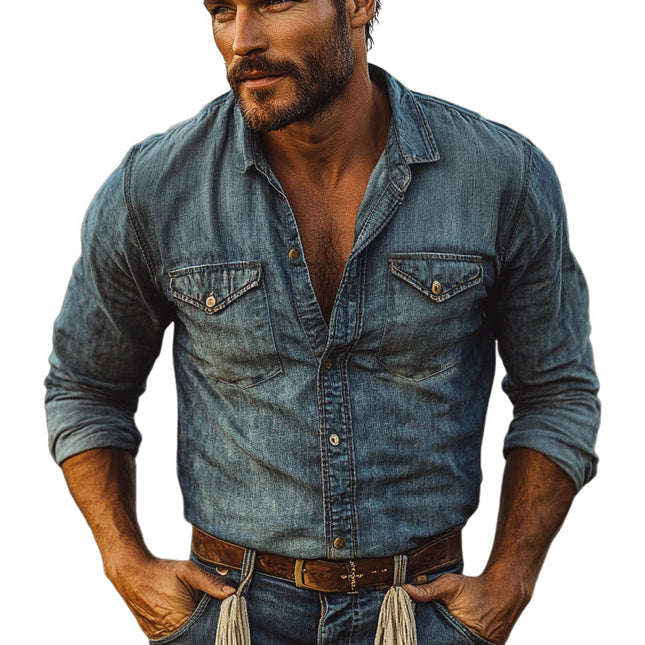 Men's Vintage Distressed Denim Shirt | Long Sleeve | Regular Fit | Classic Lapel Collar | Chest Pockets | Casual Outings | Durable Material | Timeless Style | Sizes S-3XL | Machine Washable