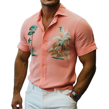 Men's Summer Hawaiian Embroidered Shirt | Slim Fit Cotton Linen Blend | Short Sleeve Casual Top | Lightweight Breathable Fabric | Perfect for Beach Days and Barbecues