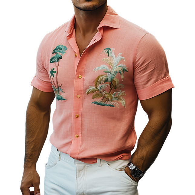 Men's Summer Hawaiian Embroidered Shirt | Slim Fit Cotton Linen Blend | Short Sleeve Casual Top | Lightweight Breathable Fabric | Perfect for Beach Days and Barbecues