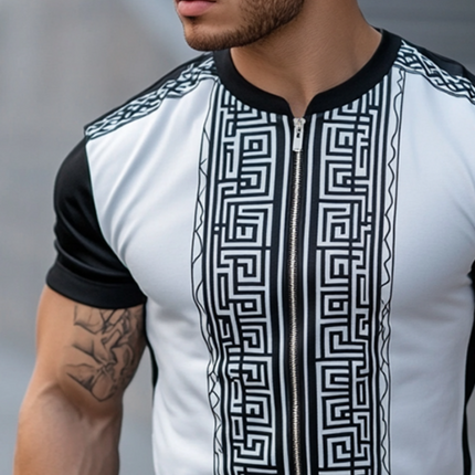 Men's Greek Key Print T-Shirt | Casual Short Sleeve Tee | Zippered Crew Neck | Breathable Fabric | Comfortable Fit | Stylish Apparel