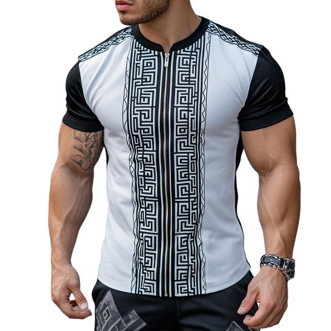 Men's Greek Key Print T-Shirt | Casual Short Sleeve Tee | Zippered Crew Neck | Breathable Fabric | Comfortable Fit | Stylish Apparel