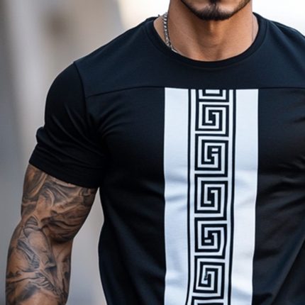 Men's T-Shirt | Greek Key Print | Casual Style | Round Neck | Short Sleeve | Comfortable Cotton Blend | Breathable Fit | Multiple Sizes | Versatile Fashion | Classic Design | Ideal for Warm Weather
