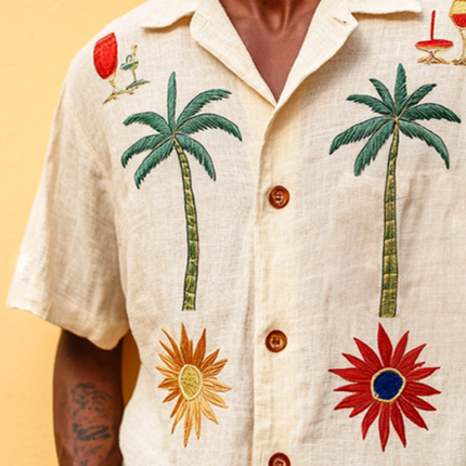 Men's Retro Beach Shirt | Coconut Tree Embroidery | Linen Lapel | Short Sleeve | Casual Summer Top | Breathable Fabric | Vintage Style | Tropical Vibe Shirt for Comfortable Summer Outings