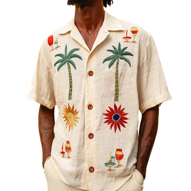 Men's Retro Beach Shirt | Coconut Tree Embroidery | Linen Lapel | Short Sleeve | Casual Summer Top | Breathable Fabric | Vintage Style | Tropical Vibe Shirt for Comfortable Summer Outings