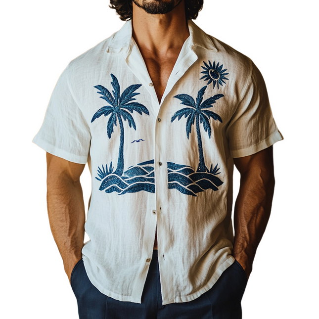 Men's Retro Beach Shirt | Coconut Tree Embroidery | Linen Lapel | Short Sleeve | Casual Summer Apparel | Relaxed Vintage Fit | Lightweight & Breathable | Comfortable for Warm Weather | Versatile Style