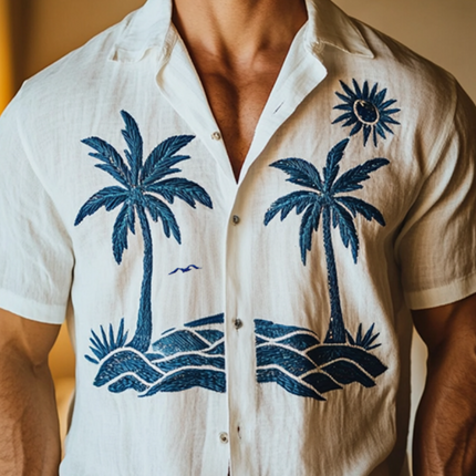 Men's Retro Beach Shirt | Coconut Tree Embroidery | Linen Lapel | Short Sleeve | Casual Summer Apparel | Relaxed Vintage Fit | Lightweight & Breathable | Comfortable for Warm Weather | Versatile Style
