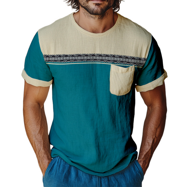 Men's Retro Casual T-Shirt | Colorblock Printed | Linen Material | Round Neck | Short Sleeve | Vintage Style | Comfortable Fit | Breathable Fabric | Versatile Look | Fashionable Top
