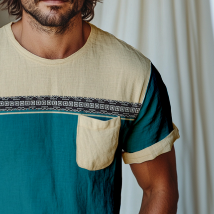 Men's Retro Casual T-Shirt | Colorblock Printed | Linen Material | Round Neck | Short Sleeve | Vintage Style | Comfortable Fit | Breathable Fabric | Versatile Look | Fashionable Top