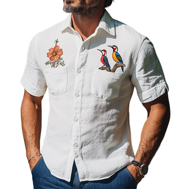 Men's Hawaiian Shirt | Summer Fashion | Woodpecker Flower Embroidery | Cotton Linen Blend | Breathable Short Sleeve | Casual Button-Down | Tropical Print | Comfort Fit | Versatile Styling