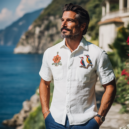 Men's Hawaiian Shirt | Summer Fashion | Woodpecker Flower Embroidery | Cotton Linen Blend | Breathable Short Sleeve | Casual Button-Down | Tropical Print | Comfort Fit | Versatile Styling